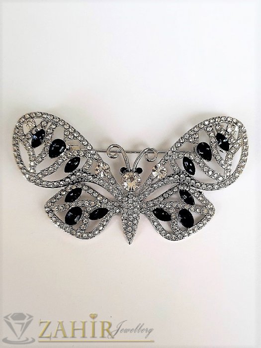 Дамски бижута - Красива пеперуда кристална брошка с изящни бели и сини камъни, размери 7 на 4 см, сребриста основа - B1249